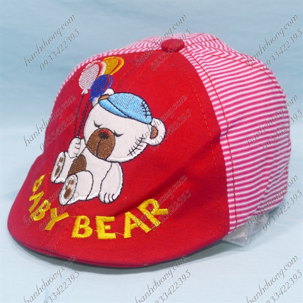 Nón mỏ vịt vải sọc cho bé từ 1 tuổi vòng đầu 46cm thêu con gấu cầm bong bóng chữ Baby Bear