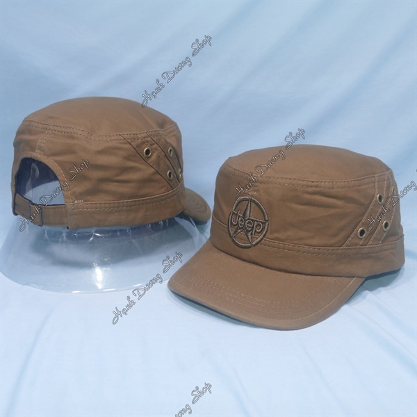 Nón lính mũ lưỡi trai đầu bằng thêu chữ Jeep ngôi sao chạy sọc 2 bên hông, có đóng 4 sò 2 bên