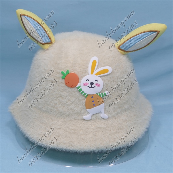 Nón tai bèo cụp trẻ em từ 2-5 tuổi vòng đầu 54cm ( 48-54cm) hàng quảng châu con thỏ cầm cà rốt lông xù có 2 dây rút có thể giảm size nón