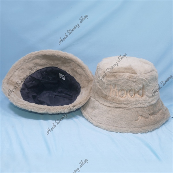 Nón tai bèo vành nhỏ 7cm, nón bucket lông thỏ, lông xù thêu chữ Mood hàng quảng châu có dây rút phía trong vòng đầu 56-58cm