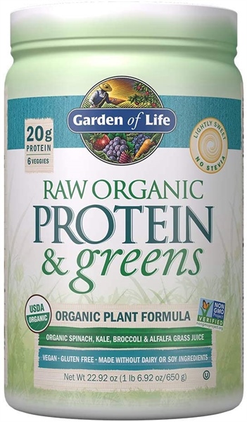 Bột raw organic protein & greens Garden of Life 650g no stevia