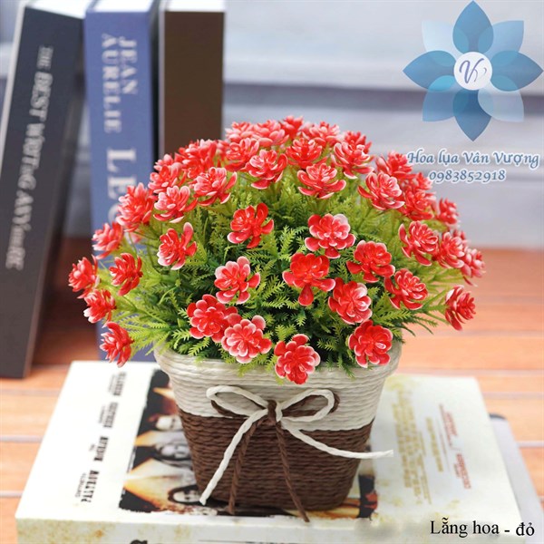 Lẵng hoa - đỏ - Chậu để bàn - Hoa Lụa Vân Vượng