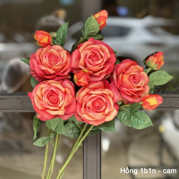 Hồng 1b1n - cam - Hoa cành dài - Hoa Lụa Vân Vượng