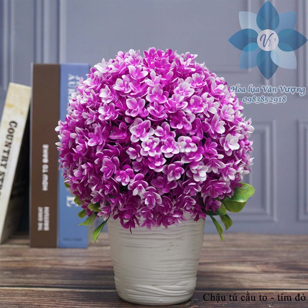 Chậu tú cầu to - Tím đỏ - Chậu để bàn - Hoa Lụa Vân Vượng