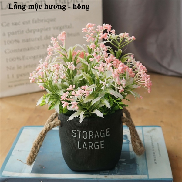 Lẵng mộc hương - Hồng - Chậu để bàn - Hoa Lụa Vân Vượng