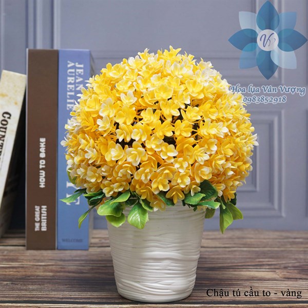 Chậu tú cầu to - Vàng - Chậu để bàn - Hoa Lụa Vân Vượng