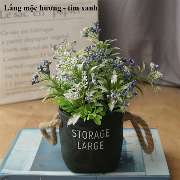 Lẵng mộc hương - Tím xanh - Chậu để bàn - Hoa Lụa Vân Vượng