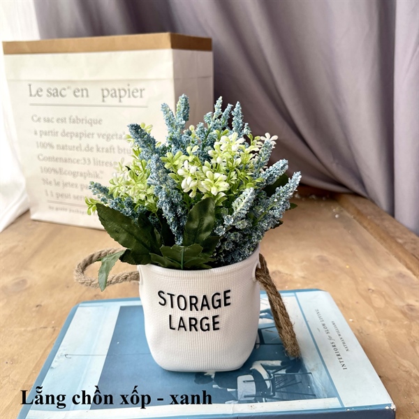 Lẵng chồn xốp - Xanh - Chậu để bàn - Hoa Lụa Vân Vượng