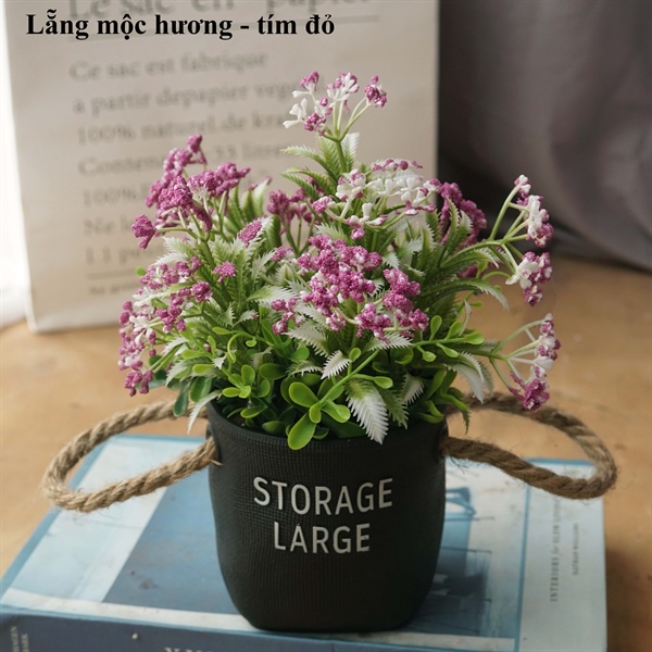 Lẵng mộc hương - Tím đỏ - Chậu để bàn - Hoa Lụa Vân Vượng