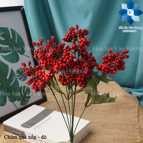 Chùm quả xốp - đỏ - Hoa cành ngắn - Hoa Lụa Vân Vượng