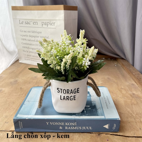 Lẵng chồn xốp - Kem - Chậu để bàn - Hoa Lụa Vân Vượng