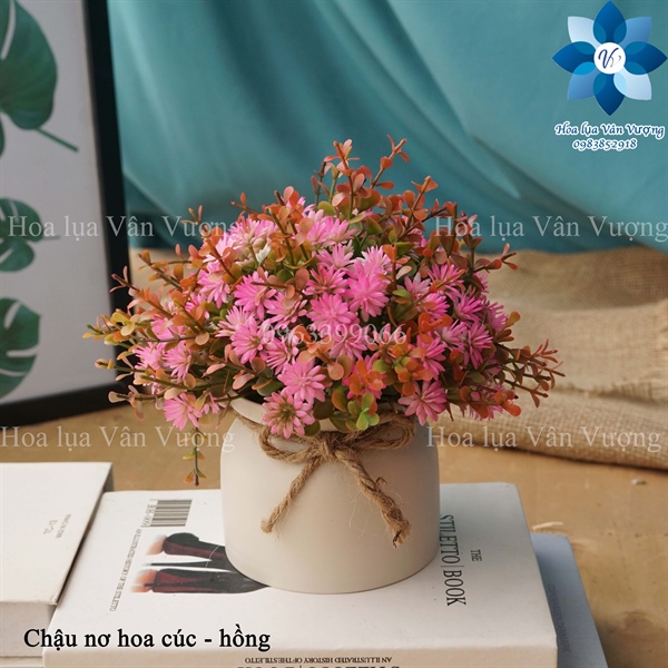 Chậu nơ hoa cúc - Hồng - Chậu để bàn - Hoa Lụa Vân Vượng