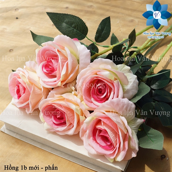 Hồng 1b mới - phấn - Hoa cành dài - Hoa Lụa Vân Vượng
