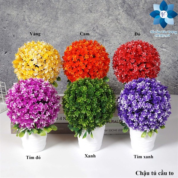 Chậu tú cầu to - Tím xanh - Chậu để bàn - Hoa Lụa Vân Vượng