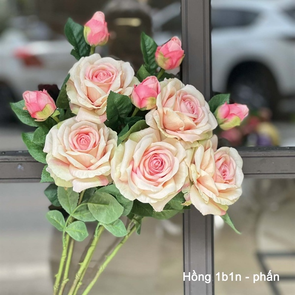 Hồng 1b1n - phấn - Hoa cành dài - Hoa Lụa Vân Vượng