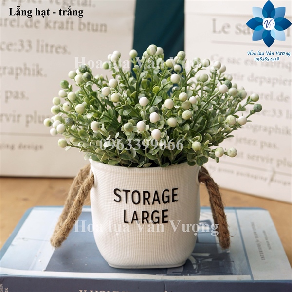 Lẵng hạt - Trắng - Chậu để bàn - Hoa Lụa Vân Vượng