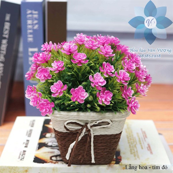 Lẵng hoa - tím đỏ - Chậu để bàn - Hoa Lụa Vân Vượng