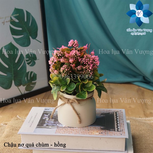 Chậu nơ quả chùm - Hồng - Chậu để bàn - Hoa Lụa Vân Vượng