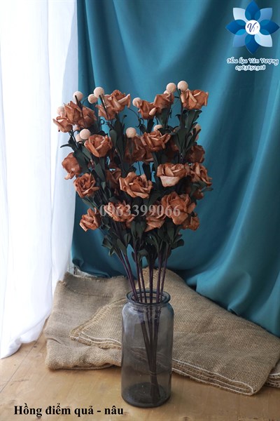 Hồng điểm quả - nâu - Hoa cành dài - Hoa Lụa Vân Vượng