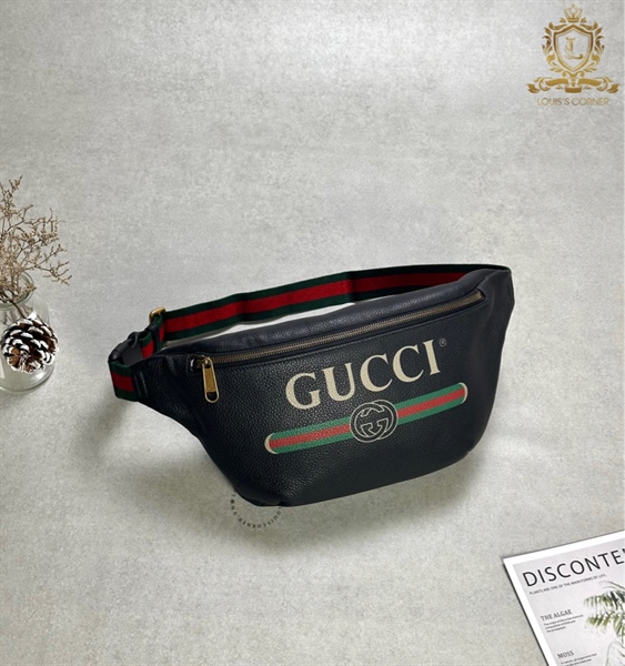 Túi bao tử Gucci đen sần quai cờ