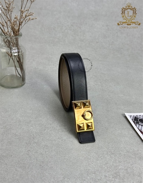 Bộ Belt Hermes mũi trâu vàng dây đen/ etoupe used