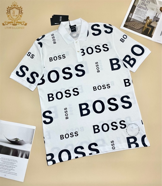 Polo Hugo boss trắng nhiều chữ đen