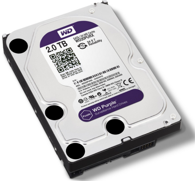 Ổ cứng Western Digital Purple 3TB 64MB chuyện dụng cho Camera chạy suốt ngày đêm Ổ cứng Camera WD Purple 2TB WD20PURX: chuẩn giao tiếp SATA 3 (6GB/s max), tốc độ quay IntelliPower, bộ đệm 64 MB Cache.