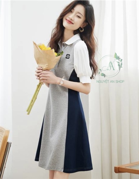 Váy cotton cổ bẻ vai bồng