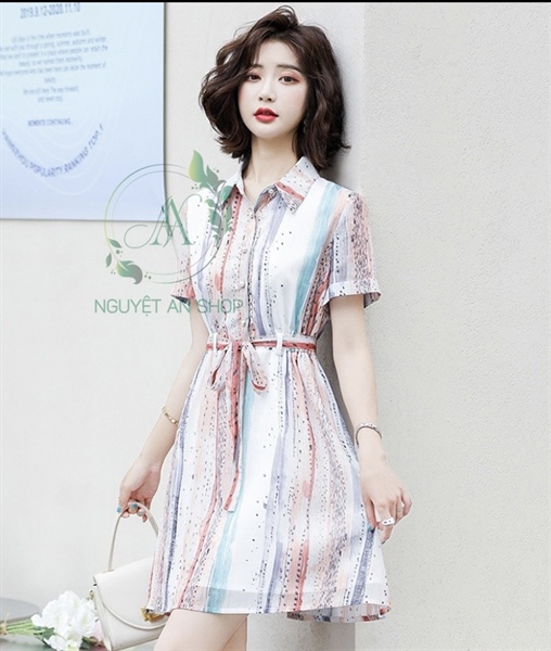 Váy sơ mi kẻ cộc tay có thắt lưng vải