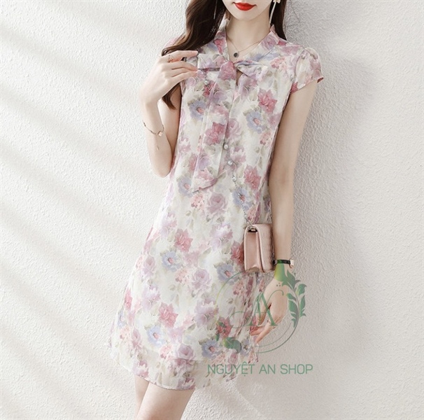 Váy voan hai lớp dáng A cổ nơ