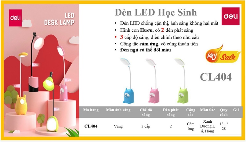 Đèn học Deli CL404 màu hồng T = 28