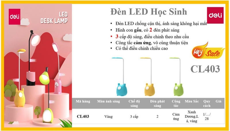 Đèn học Deli CL403 (màu vàng,T = 28)