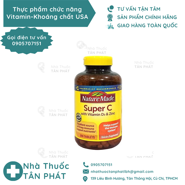 Viên bổ sung vitamin, tăng đề kháng Super C, Vitamin D3 & Zinc KIRKLAND chai 200 viên - hàng Mĩ xách tay