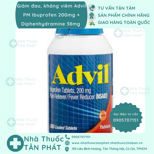 Giảm đau, kháng viêm Advil PM Ibuprofen 200mg + Diphenhydramine 38mg GSK chai 200 viên bao phim xanh - hàng Mĩ xách tay