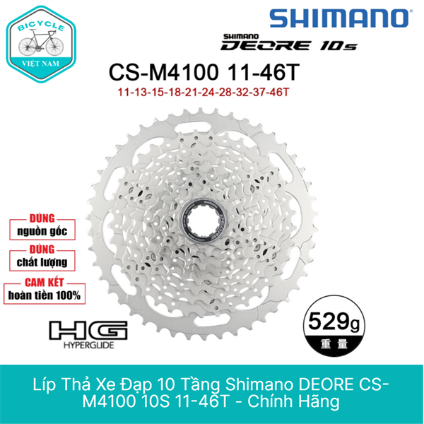 Líp Thả Xe Đạp 10 Tầng Shimano DEORE CS M4100 10S 11-46T – Chính Hãng, Hiệu Suất Cao