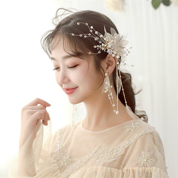 Bộ hoa voan hoa đồng hạt trai tua kèm bông tai sp003003