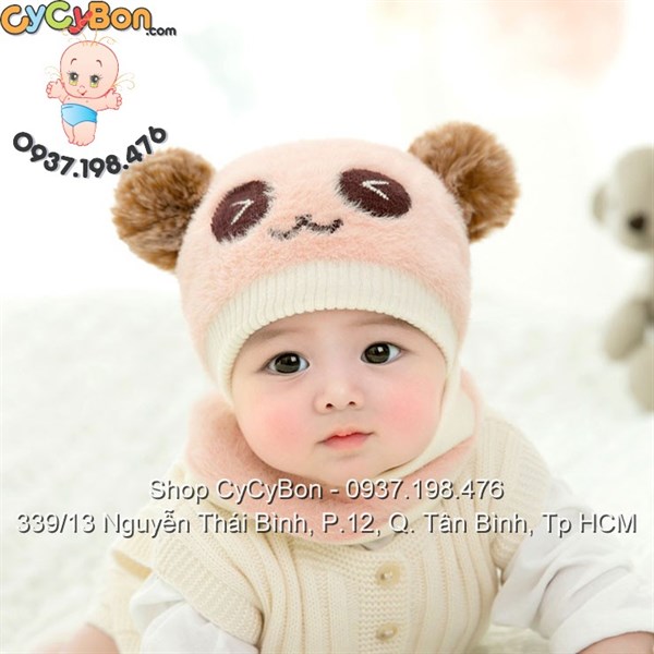 Bộ Khăn Nón Len Cho Bé Họa Tiết Gấu Trúc Màu Đỏ