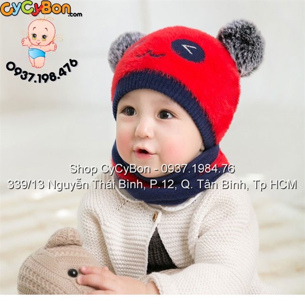 Bộ Khăn Nón Len Cho Bé Họa Tiết Gấu Trúc Màu Đỏ