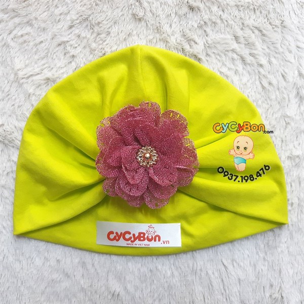 Nón Turban Cho Bé Bông Màu Hồng Đậm Kim Tuyến - Xanh Lá