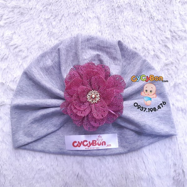 Nón Turban Cho Bé Bông Màu Hồng Đậm Kim Tuyến - Xám