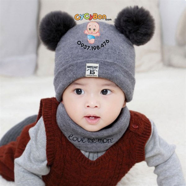Bộ Khăn Nón Len Cho Bé Đính 2 Quả Bông Thêu Chữ