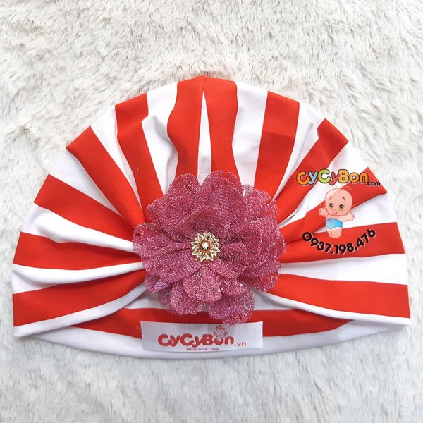Nón Turban Cho Bé Bông Màu Hồng Đậm Kim Tuyến - Sọc Trắng Đỏ