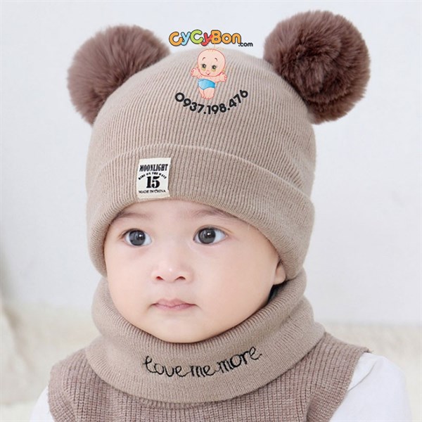 Bộ Khăn Nón Len Cho Bé Đính 2 Quả Bông Thêu Chữ