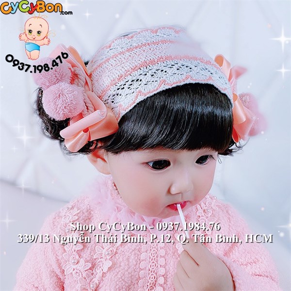 Băng Đô Tóc Giả 2 Quả Bông Cam-Kèm Tóc Mái