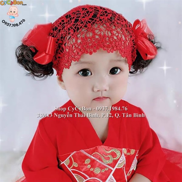 Băng Đô Tóc Giả Cho Bé Ren Đỏ Nơ