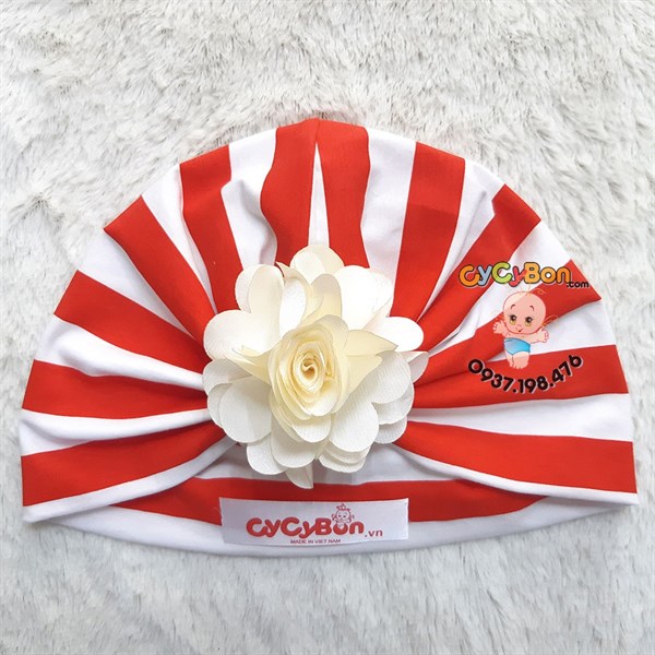 Nón Turban Cho Bé Bông Hồng Màu Trắng Kem - Sọc Trắng Đỏ