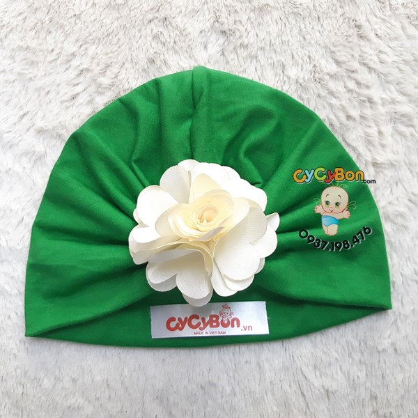 Nón Turban Cho Bé Bông Hồng Màu Trắng Kem - Xanh Lá Cây