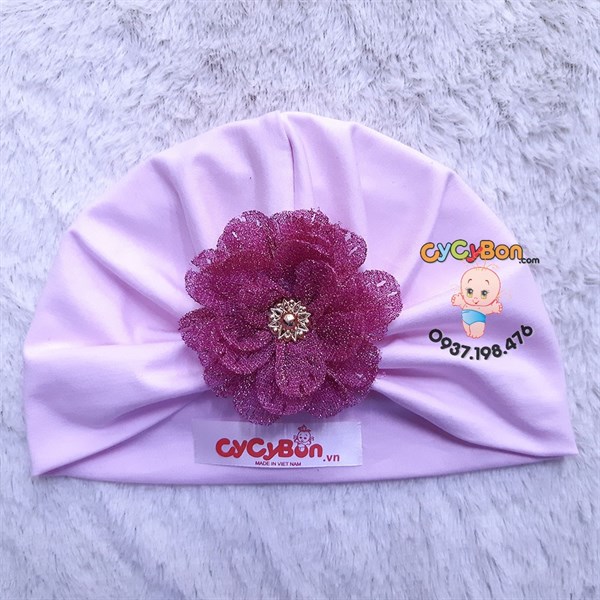 Nón Turban Cho Bé Bông Màu Hồng Đậm Kim Tuyến - Hồng Phấn
