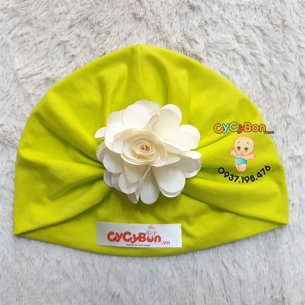 Nón Turban Cho Bé Bông Hồng Màu Trắng Kem - Xanh Lá