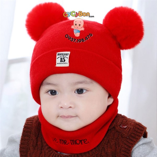 Bộ Khăn Nón Len Cho Bé Đính 2 Quả Bông Thêu Chữ